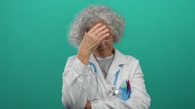 Beyaz önlüklü, gri saçlı yaşlı bir kadın yeşil arka planda stresli görünüyor..