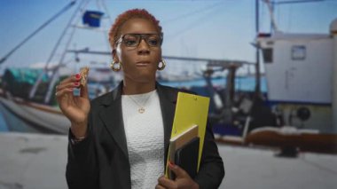 Abur cubur tutan kadın, sarı klasör ve pano parlak güneş ışığı altındaki bir tekne limanında gözlük takıyor; kararlılık.