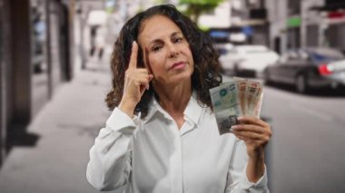 Bir şehir caddesinde İngiliz banknotları tutan kadın, düşünceli ve odaklanmış görünüyor, açık havada, orta yaşlı, şehir ortamında finans ruhunu yakalıyor.