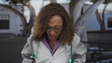 Transseksüel kadın doktor, yeşil steteskopu beyaz bir binanın dışına yerleştirirken yüzünü buruşturuyor; stres gerilimi endişe baskısı.