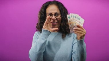 Arjantin banknotları tutan kadın gülümseyen ve bağıran canlı mor bir arka plan, somut mali başarı ve mutluluk..