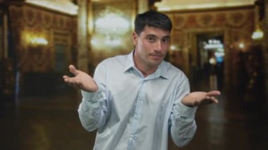 Genç İspanyol adam kilisenin iç kısımlarında altın avizeler ve oyulmuş sütunlarla el açar..