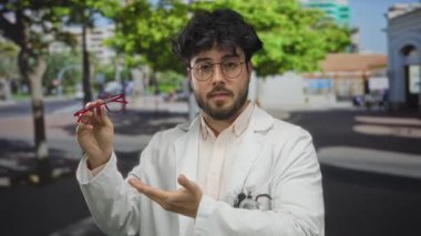 Beyaz önlüklü, sakallı, gözlüklü, kırmızı gözlüklü, güneşli bir sokakta arka planda ağaçlar ve binalar olan genç bir adam..