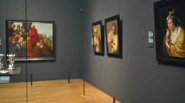 Bulanık sanat eserleri kapalı müze galerisinde bokeh efektli odağını vurgulayarak sanatsal atmosfer yaratıyor.