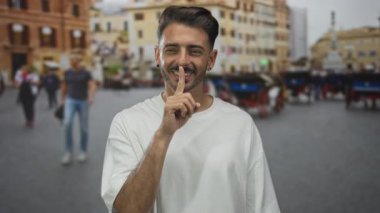 At arabaları ve tarihi binalarla hareketli şehir caddesinde sessizlik için parmaklar dudaklara..