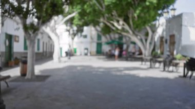 Ispanya 'da, kanarya adalarında güneşli bir gökyüzünün altında ağaçlar, banklar ve beyaz binalar bulunan bulanık arka planlı Lanzarote' daki açık avlu..