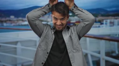 Genç İspanyol bir adam açık havada bir yolcu gemisinde tavşan kulağı yapıyor. Manzaralı bir arka plana karşı neşeli bir ifadeyle..