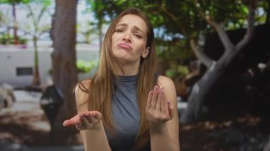 Ciddi genç kadın avuçlarını havada tutuyor ormanda dilencilik yapıyor gün ışığında temizliyor; çaresizlik.
