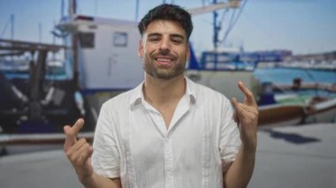 Kaya boynuzlarını deniz kıyısında güneşli bir caddede teknenin önünde çıplak elle hareket ettirir..