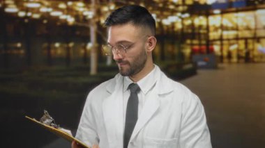 Beyaz önlüklü İspanyol adam şehir gece sahnesinde arka planda bina ışıkları olan panoları kontrol ediyor..