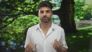 Adam güneşli yeşil parkta yansıtıcı su ile sakin gölet yanında kapalı elleri ile dua; sessiz meditasyon dinginliği.