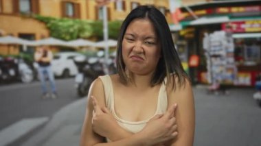 Yoğun bir şehir caddesinde kollarını kavuşturarak belirsizliğini ifade eden kadın, dükkanlar ve araçlarla çeşitli kentsel manzaralar sergiliyor, açık havada günlük hayatı yakalıyor..