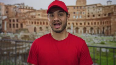 Kırmızı şapkalı ve gömlekli genç adam gülümsüyor Roma harabelerinde dişlerini gösteriyor; tarihi seyahat heyecanı.