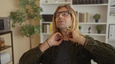 Tıraşsız, sarışın, gözlüklü bir adam, küçük ofis binasında iki eliyle boynunu tutuyor. Yorgunluk..