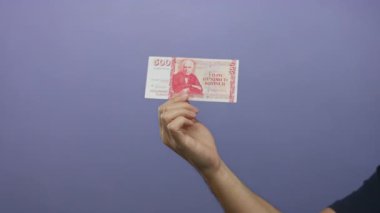 Elinde İzlanda Krona banknotuyla beyaz bir adamın portresini mor bir duvara yaslamış, izole ve merkezli..