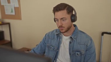 Ofis ortamında kulaklık takan sakallı genç bir adam, kapalı bir iş ortamında bilgisayarda çalışmaya odaklanmış, günlük kıyafetler ve modern ekipmanlarla donatılmış..