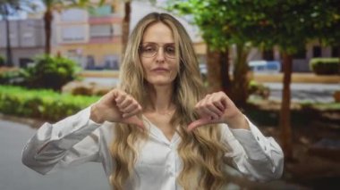 Parkta uzun sarı saçlı, gözlüklü, beyaz gömlekli yeşil ağaçlı ve binalı bir kadın. Onaylamadığını gösteriyor..