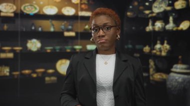 Gözlüklü, beyaz bluz ve kalp kolyesi takan kadın vazoyu işaret eden el kaldırıyor; şüphecilik.