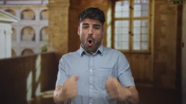 Mavi gömlekli adam, eski şehir caddesinde kemerli bina pencereleriyle altın güneş ışığı altında yumruklarını sıkıyor; kararlılık.