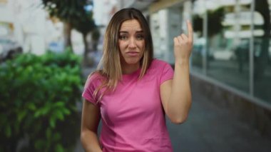 Sarı saçlı genç bir kadın şehir sokaklarında jest yapıyor pembe bir gömlek giyiyor açık havada duygularını ifade ederken şehir yeşilliği ve gündüz binalarıyla çevrili..