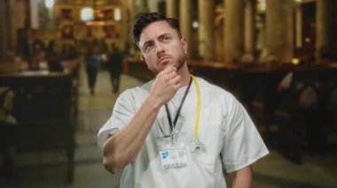 Kilisenin içinde sakallı ve steteskoplu genç bir adam tıp mesleği ve ruhani çevrenin yan yana gelişini anlatıyor..