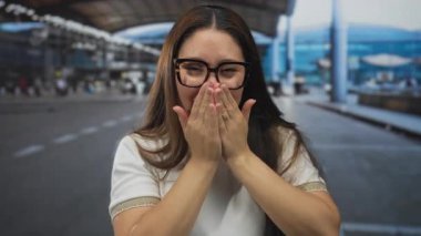 Beyaz gömlekli ve gözlüklü kadın, havaalanı pervazının altında el ele tutuşup gülümsüyor; minnettarlık.