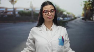 Üniformalı İspanyol kadın bilimadamı şehir sokaklarında baş parmak hareketi yapıyor.