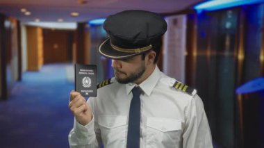 Üniformalı pilot otel koridorunda İtalyan pasaportu tutuyor. Kimlik, havacılık ve konukseverlik etkileşimlerine odaklı seyahat temaları sergiliyor..