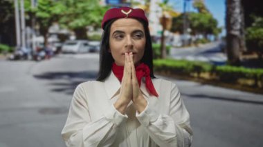 Hostes üniformalı genç İspanyol kadın güneşli bir sokakta dua ediyor, gözleri kapalı, şehir ortamında dinginlik ve farkındalığı somutlaştırıyor.