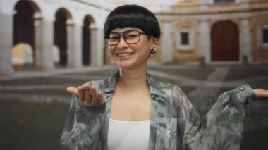 Dışarıda gülümseyen genç Çinli bir kadın avlu ortamında avuçlarını açık tutarken, mutluluk ve davetkar bir ortam sergiliyor..