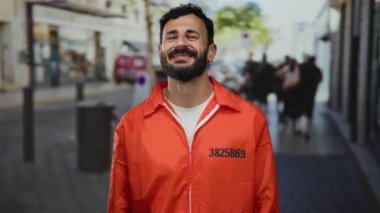 Turuncu hapishane tulumlu İspanyol adam açık havada telaş içinde gülümsüyor.