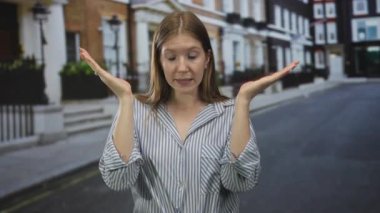 Sarışın genç kadın şehir evlerinin önündeki sokakta avuçlarını açık tutarak omuz silkiyor; belirsizlik.