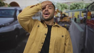 Sarı ceketli ve siyah gömlekli genç adam inşaat alanında kazıcının yanında alnına dokunuyor. Sürpriz..