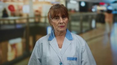 Bir alışveriş merkezinin içinde gülümseyen İspanyol kadın daha temiz bir üniforma giyiyordu. Kıdemli hizmet sektörü çalışanlarının yoğun alışveriş alanındaki çalışma ortamını temsil ediyordu..