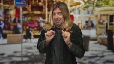 Parlak güneş ışığında, şehir caddesinde göğsüne yakın uzun saçlı, yumruklarını sıkan sarışın bir adam..