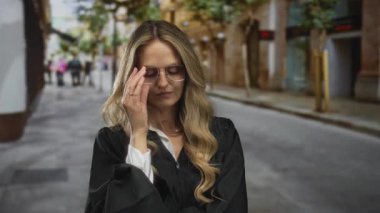 Hakim üniformalı sarışın bir kadın şehrin bir caddesinde güvenle dikiliyor ve otoritesini ve dikkatini dağıtıyor..