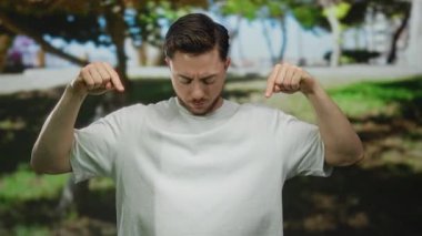 Beyaz tişörtlü beyaz sakallı genç beyaz bir adam parkın arka planında ağaçlar ve yeşillikler olan bir yeri işaret ediyor..