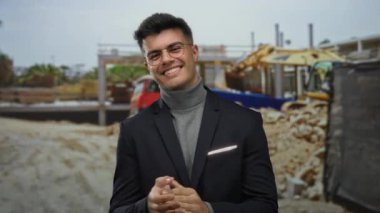 İspanyol bir adam açık hava şantiyesinde el çırpıyor, takım elbise ve gözlükle kendine güven ve tarz yayıyor..