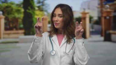 Steteskoplu İspanyol kadın doktor şehir sokaklarında güvenle gülümsüyor..