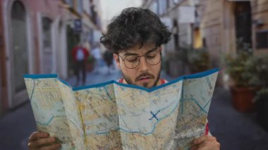 Sokakta elinde sakallı genç bir adam haritayı tutuyor, etrafa bakıyor, şehir keşfi maceralarını gösteriyor..