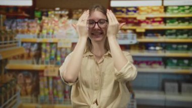 Kadın yüzünü süpermarket koridorunda iki eliyle kaplıyor ürünlerle dolu rafların yanında, çocuksu bir sevinç..