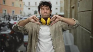 Kulaklıklı İspanyol adam büyüleyici Akdeniz arka planında baş parmağını kaldırıyor..