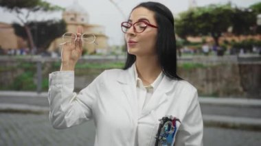 Gözlüklü kadın gözlükçü. Gözlük takıyor ve sokak ortasında sokak arkasını destekliyor..