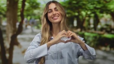 Güler yüzlü kadın, güneşli ormanda çıplak elle kalp sembolünü şekillendirir; sevgi şefkati pozitifliği.