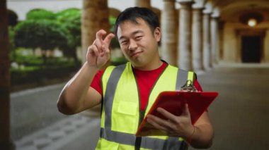 Güvenlik yeleği giymiş bir adam üniversite avlusunda panoyla poz veriyor, akademik ortamı tarihsel mimari ile çevrili günlük teftiş temasıyla harmanlıyor..