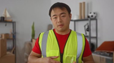 Parlak yelek giyen genç adam modern bir oturma odasında el kol hareketleri yapıyor. Rafları ve dekorları görünür..