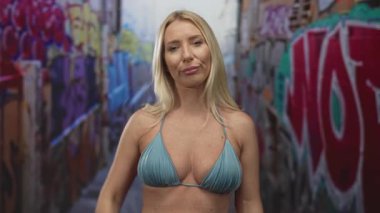 Beyaz tenli sarışın kadın, üst parmağıyla kafasını işaret ederek grafiti caddesinde ateş ediyor. Umutsuzluk..