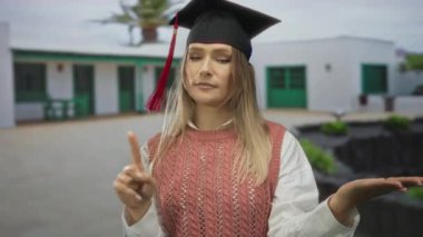 Mezuniyet şapkası takan, el kaldıran ve parmakları şehir dışında olan bir kadın..