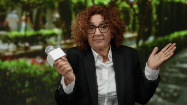 Parkta mikrofon tutan, kıvırcık saçlı, yeşil gözlüklü bir kadın. Etrafı yeşilliklerle çevrili. Odak noktasına bakıyor.