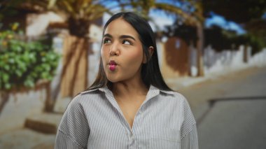 Açık havada gülümseyen uzun siyah saçlı bir kadın canlı yeşillik ve mimari ile çevrili, neşeli ve genç bir Latin amerikan havasını somutlaştırıyor..